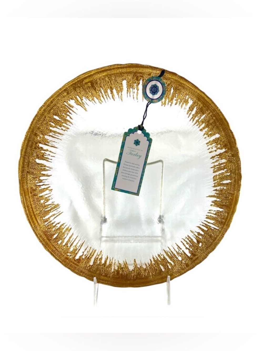 Set of 4 Handcrafted Turkish Glass Dinner Plates Clear Gold Gilded Edge 11” NWT